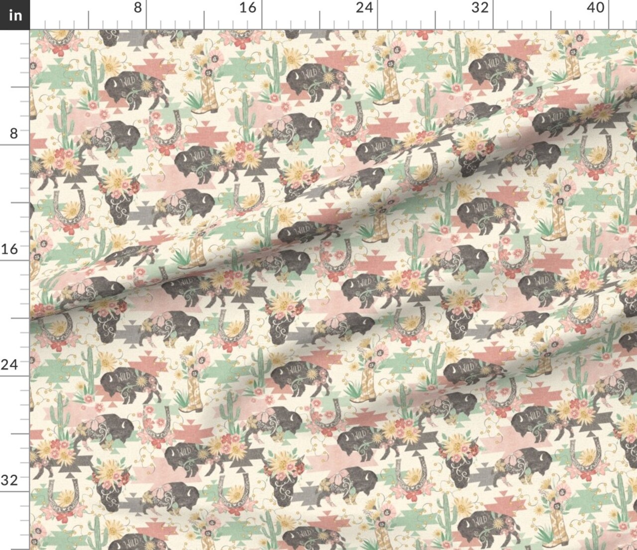 Wild Buffalo Skull Sunflower Western Cowboy Tribal Custom Printed Fabric by Spoonflower Various Fabrics by the Yard or Fat Quarter